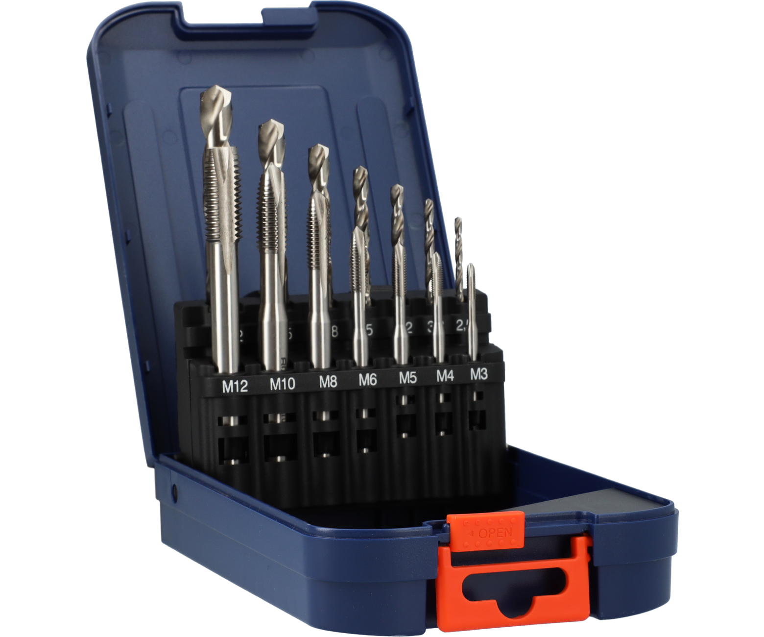 7+7 pc HSS-E machine tap set type '320', gun, with drill bits, in ABS-cassette