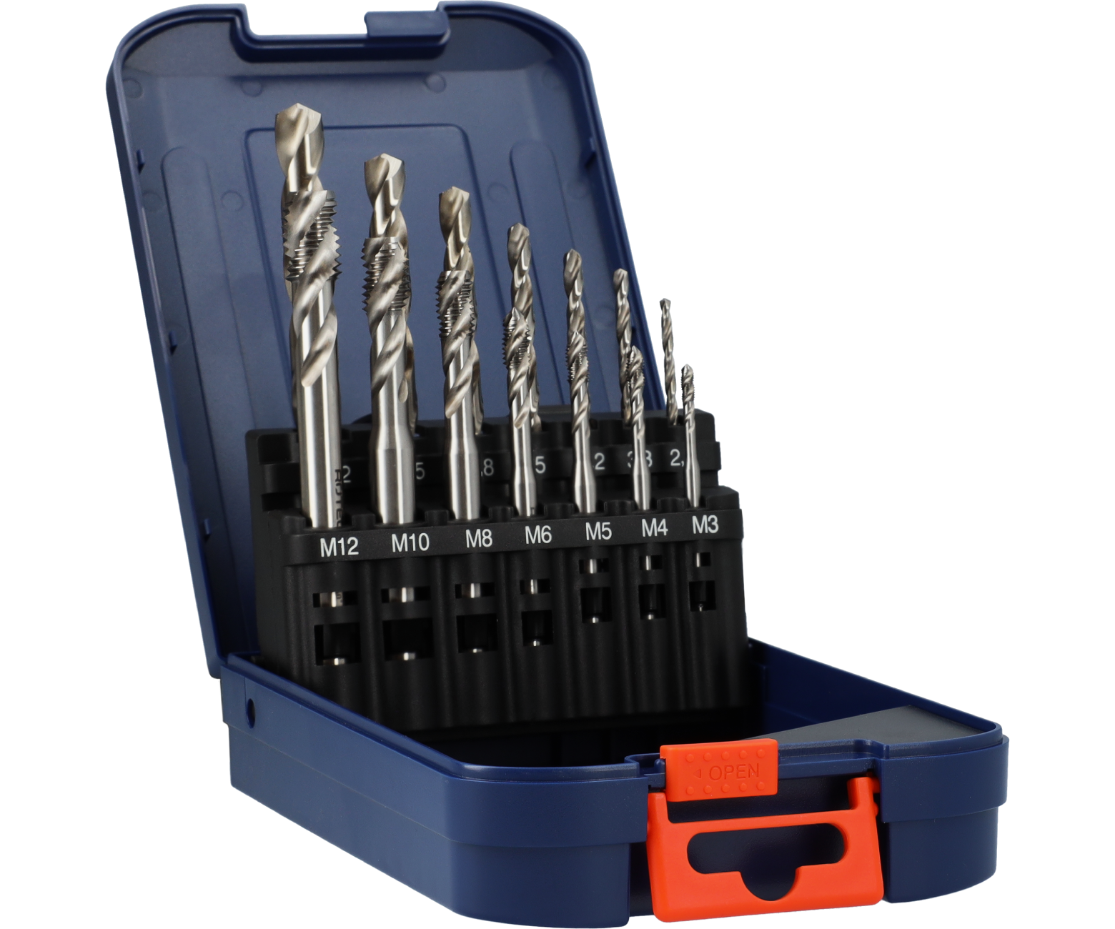 7+7 pc HSS-E machine tap set type '320', spiral, with drill bits, in ABS-cassette